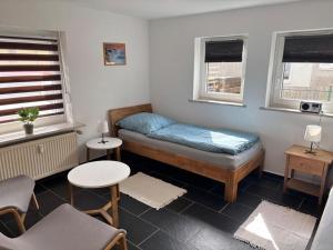 a small room with a bed and two windows at Ferienapartment Dörfles-Esbach in Dörfles