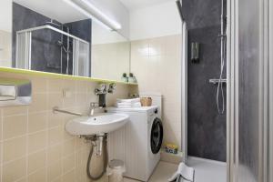 a bathroom with a sink and a washing machine at Fewo S22 in Regen +17 photos