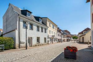 an empty street with flowers in a box on a cobblestone road at Ferienwohnung Kurzentrum in Bad Lausick