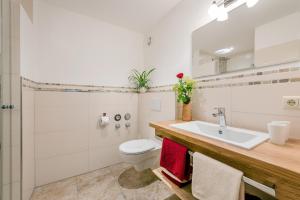 a bathroom with a sink and a toilet and a shower at Beim Paulfischer - Eckbankerl in Chieming