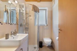 a bathroom with a shower and a sink and a toilet at Kohlerhof Apartment in San Genesio Atesino +37 photos