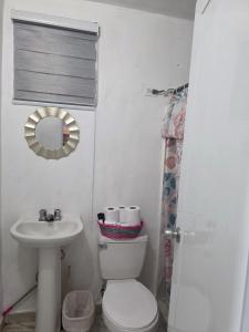 a bathroom with a toilet and a sink and a mirror at Relax en el pueblo 2 in Fajardo