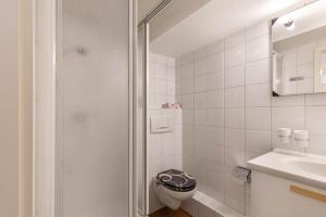 a bathroom with a toilet and a sink and a shower at Spessartruhe in Linsengericht