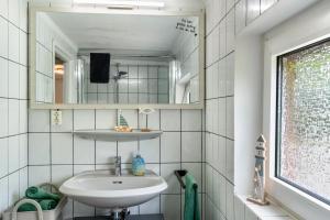 a bathroom with a sink and a mirror at Dat Jollenhuus in Ihlow