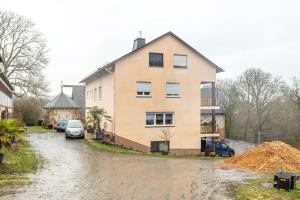 a house on a flooded street with cars parked at Ferienwohnung Zur Henne in Weinbach