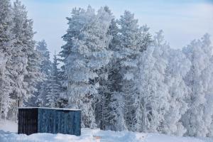 a snow covered forest with a blue box in the snow at Sonka Resort Mirror House with Lake View in Rovaniemi