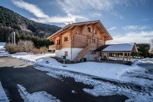 a log cabin in the snow with a driveway at Chalet Phidel - 11 personnes in Bernex
