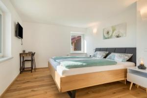 a bedroom with a bed and a tv on a wall at Ferienwohnung Pusteblume in Neukirch