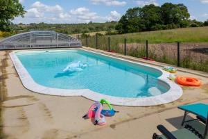 a swimming pool with a dolphin in the water at Maison de vacances Chez André in Meslan