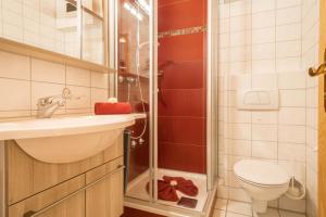 a bathroom with a shower with a toilet and a sink at Ferienwohnung Risthof 1 in Owingen +35 photos