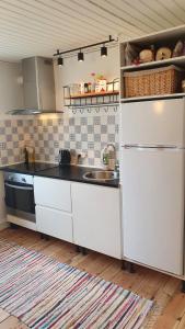 a kitchen with a sink and a refrigerator at Hyllemose Guesthouse in Lille Skensved
