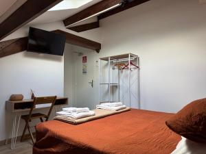 a bedroom with a bed and a desk and a television at Lyon Mon Amour Bed and Breakfast in Lyon