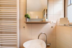 a bathroom with a sink and a mirror at Fewo im Rosenberg mit Dachterasse in Lahnstein +15 photos
