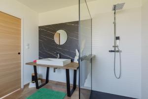 a bathroom with a sink and a shower at Gîte Le Nid Des Prés in Cressy +26 photos