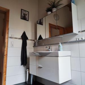 a bathroom with a sink and a mirror at Haus Pluto in Deggenhausertal +10 photos