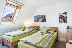 two twin beds in a room with a window at Gohrischblick in Kurort Gohrisch