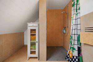 a bathroom with a shower in a attic at Storchensommer in Blankensee +19 photos