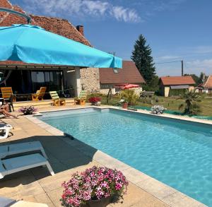 a swimming pool with a blue umbrella and some flowers at Gite Charmant Forme et Bien-etre in Masseret
