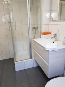 a bathroom with a shower and a sink at Ferienwohnung Wolf in Nietwerder +24 photos