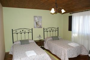 a bedroom with two beds and a chandelier at O Bolaño Apt 2 in Villarino de Conso +35 photos