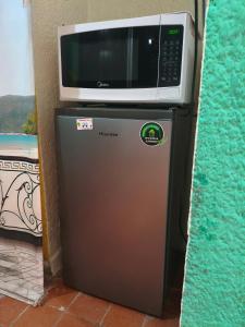 a microwave sitting on top of a refrigerator at Hotel Casa Lucina in Zihuatanejo