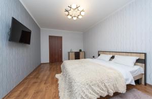 a bedroom with a bed and a tv on the wall at Apartment near VDNG 18010 in Kyiv
