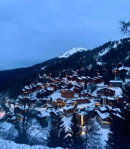 a small town covered in snow at night at Appartement Soldanelle in La Plagne Tarentaise +3 photos