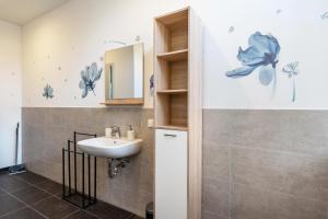 a bathroom with a sink and a mirror at murihaus Ferienwohnung 2 in Aue +17 photos