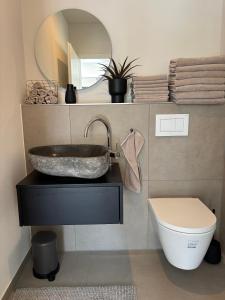 a bathroom with a sink and a toilet and a mirror at Moderne Ferienwohnung Ravensburg in Ravensburg +14 photos