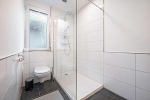 a white bathroom with a shower and a toilet at Die Alter Schwede Wohnung 1 in Vechta +15 photos