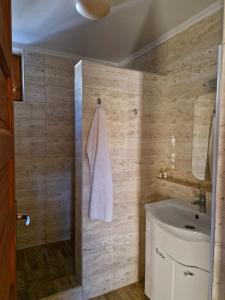 a bathroom with a shower and a sink and a toilet at Szilvaliget Vendégház in Tolcsva +23 photos
