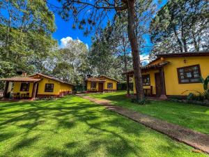 a yellow house with a tree in the yard at Cabañas Rosy in Mazamitla