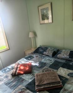 a bedroom with two beds and a lamp at Kaalvoet Kaia in Stilbaai-Oos
