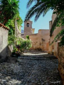 a cobblestone street in a village with a church at Villa Pigna in Pigna