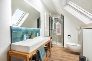 a bathroom with a large sink and a toilet at Ferienwohnung Löwenstein in Hoya +25 photos