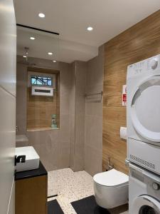 a bathroom with a toilet and a sink at Downtown Apartment Rooms in Tirana