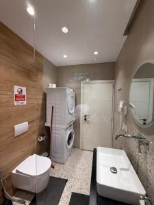 a bathroom with a sink and a washing machine at Downtown Apartment Rooms in Tirana