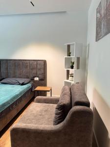 a living room with a couch and a bed at Downtown Apartment Rooms in Tirana