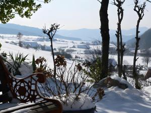 a bench in the snow with a view at Ferienwohnung Ritter in Oberharmersbach