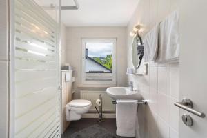 a bathroom with a toilet and a sink and a window at Ferienwohnung Becker in Schwalefeld +20 photos