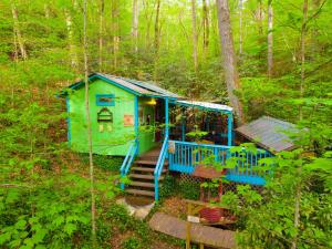 a green house in the middle of a forest at Cozy Cabin in Helen