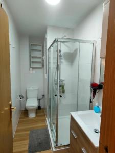 a bathroom with a glass shower and a toilet at Erudito in Valencia +26 photos