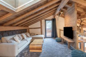 a living room with a couch and a tv at Albert le Cerf in Morillon