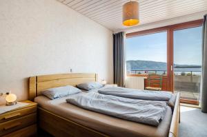 a bedroom with a bed and a large window at Merk Ferienwohnungen Gbr in Bodman-Ludwigshafen