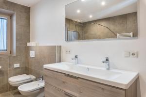 a bathroom with a sink and a toilet and a mirror at Aster Moments Apt Marie in San Genesio Atesino +17 photos
