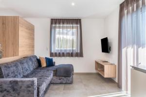 a living room with a couch and a tv at Aster Moments Apt Marie in San Genesio Atesino