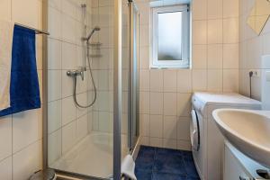 a bathroom with a shower and a sink at Ferienwohnung Im Holzhaus in Donaueschingen +10 photos