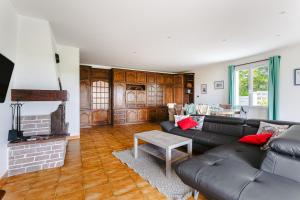 ein Wohnzimmer mit Sofa und Kamin in der Unterkunft Gîte Panda in Marans