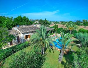 an aerial view of a house with palm trees and a swimming pool at Villa Tancotes in Pollença
