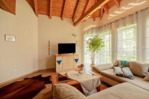a living room with a couch and a tv at Haus Emanuel in Weilerbach